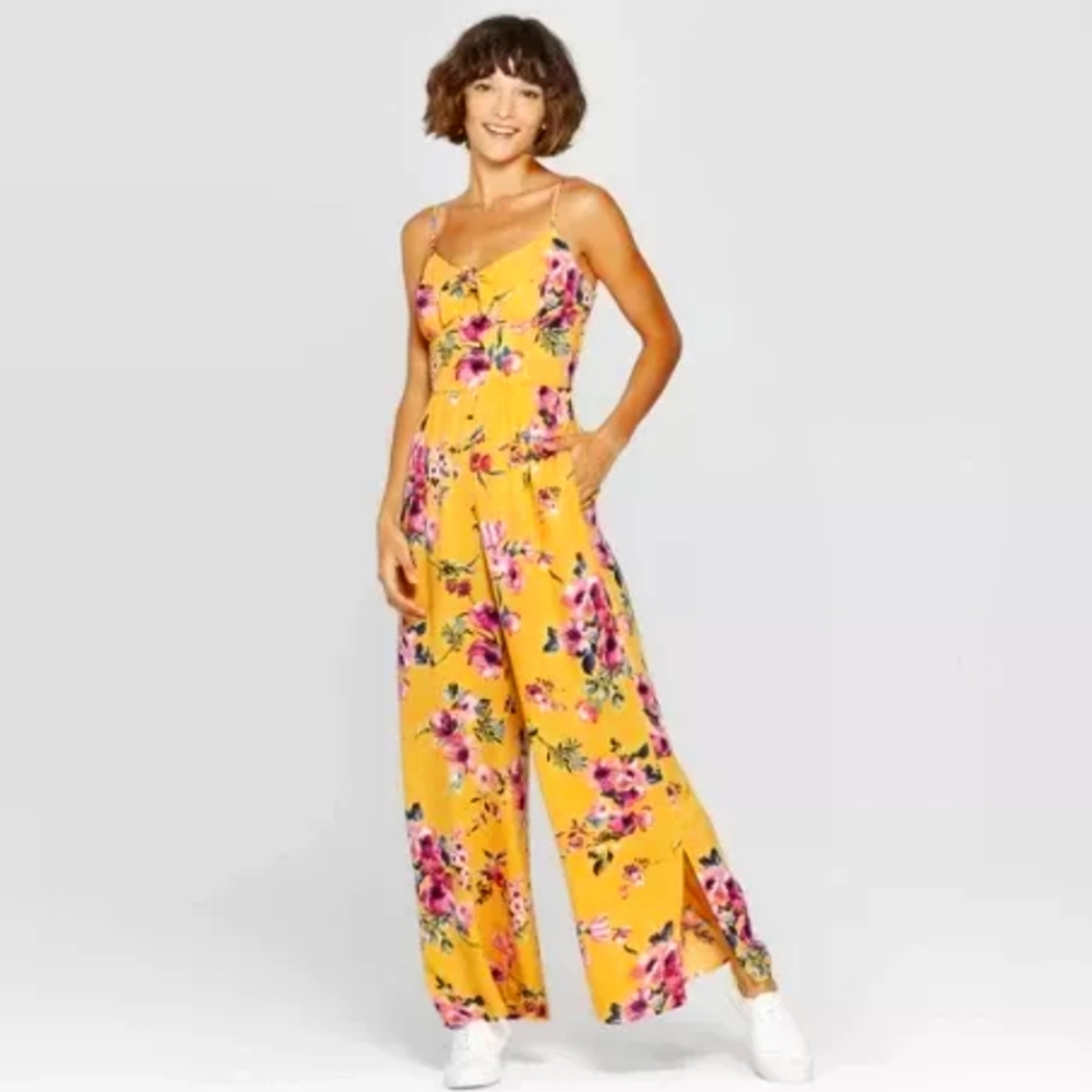 NWT Xhilaration Yellow Floral Sleeveless Wide Leg Pants Jumpsuit Size Medium